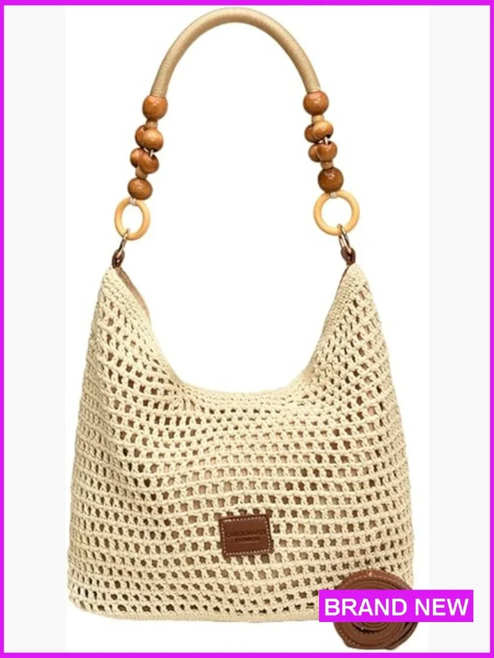 Crochet Summer Beach Bag Woven Cotton Hobo Handbag Bohemian Bead Shoulder Purse